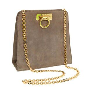 Salvatore Ferragamo Gancini Chain Shoulder Bag Suede Gray Gold